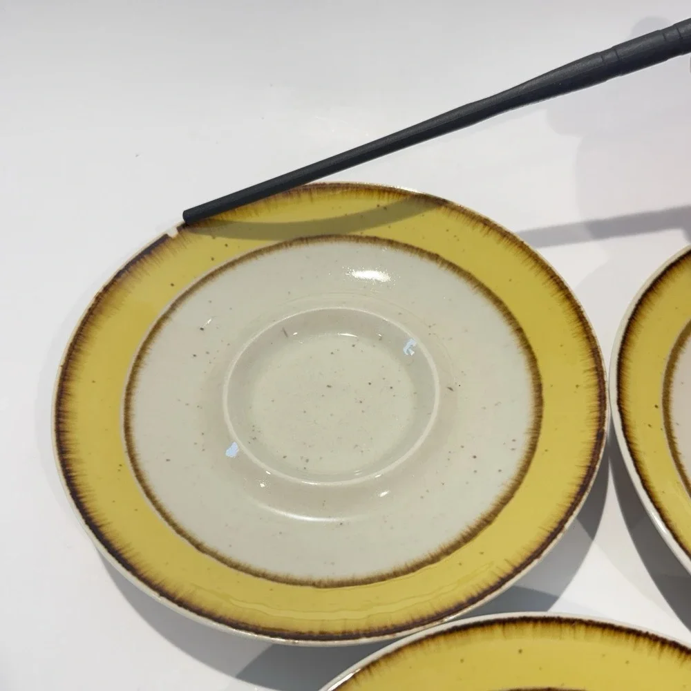 Vintage‎ Rainbow Stoneware Citron Yellow Rim Speckled Pattern 3pc Saucer Plates